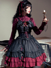 Robes gothiques Lolita à volants en dentelle jacquard à blocs de couleurs rouge rouge