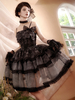 Robes Gothiques Lolita Dentelle Volants Noir Noir