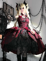 Robes gothiques Lolita en dentelle à fleurs jacquard bordeaux noir rouge JSK