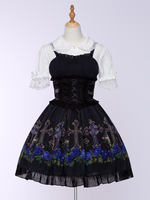 Robes Gothiques Lolita Volants À Lacets Imprimé Floral Noir Noir