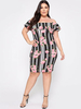 Robes Grande Taille Courte Moulante Imprimé Florales Femmes à Col Décolleté avec Manches Courtes Amples avec Epaule Dénudée Coupe Cintrée Bicolores Robes Eté Sexy
