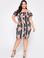 Robes Grande Taille Courte Moulante Imprimé Florales Femmes à Col Décolleté avec Manches Courtes Amples avec Epaule Dénudée Coupe Cintrée Bicolores Robes Eté Sexy
