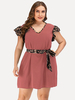 Robes Grande Taille Courtes Femmes Imprimés Léopard à Col V avec Manches Courtes Volantes Coupe Cintrée à Lacets Bicolores Robes Eté Sexy