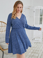 Robes Grande Taille Femme Courte à Col V avec Manches Longues Coupe Cintrée Bas Evasée Robe de Patineuse Unicolore Robe Eté Sexy