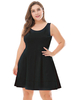 Robes Grande Taille Femme Courte Robe Patineuse avec Bretelles à Col Rond Coupe Cintrée Bas Evasée Unicolore Vêtement Femme Grande Taille