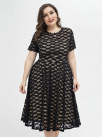 Robes Grande Taille Femme en Dentelles Creusantes Courte avec Manches Courtes à Col Rond Coupe Cintrée Bas Evasée Bicolores Vêtement Femme Grande Taille