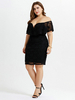 Robes Grande Taille Femme en Dentelles Moulante Creusantes Courte avec Manches Courtes à Col Décolleté en V avec Epaule Dénudée Coupe Cintrée Unicolore Vêtement Femme Grande Taille