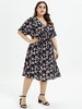 Robes Grande Taille Femme Imprimés Florales Mi-longues à Col V avec Manches Courtes Volantes Coupe Cintrée Bas Evasée Bicolores Vêtement Femme Grande Taille