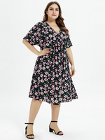 Robes Grande Taille Femme Imprimés Florales Mi-longues à Col V avec Manches Courtes Volantes Coupe Cintrée Bas Evasée Bicolores Vêtement Femme Grande Taille