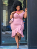Robes Grande Taille Femme Mi-longues Moulantes à Col Décolleté en V avec Manches Courtes avec Epaule Dénudée Coupe Cintrée Bas Volants Unicolore Sexy Eté