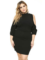Robes Grande Taille Femme Moulante Courte avec Manches Mi-longues à Col Rond avec Epaule Dénudées Coupe Cintrée Unicolore Vêtement Femme Grande Taille