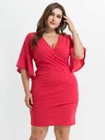 Robes Grande Taille Femme Moulante Courte avec Manches Mi-longues Volantes à Col Décolleté en V Coupe Cintrée Bas Evasée Unicolore Vêtement Femme Grande Taille