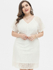 Robes Grande Taille Femme Moulante Courte en Dentelles Creusantes avec Manches Mi-longues à Col Coupe Cintrée Unicolore Vêtement Femme Grande Taille