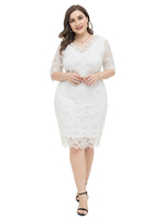 Robes Grande Taille Femme Moulante Courte en Dentelles Creusantes avec Manches Mi-longues à Col Coupe Cintrée Unicolore Vêtement Femme Grande Taille