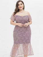 Robes Grande Taille Femme Moulante Mi-longue en Dentelles Imprimés Florales avec Manches Courtes à Col Décolleté Coupe Cintrée Unicolore Vêtement Femme Grande Taille