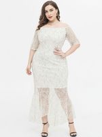 Robes Grande Taille Femme Moulante Mi-longue en Dentelles Imprimés Florales avec Manches Mi-longues à Col Décolleté Coupe Cintrée Unicolore Bas Evasée Vêtement Femme Grande Taille