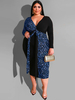 Robes Grande Taille Femmes Imprimés Léopard Longues Moulantes à Col V avec Manches Longues Coupe Cintrée à Lacets Bicolores Robes Etés Sexy