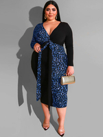 Robes Grande Taille Femmes Imprimés Léopard Longues Moulantes à Col V avec Manches Longues Coupe Cintrée à Lacets Bicolores Robes Etés Sexy