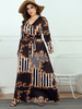 Robes Grande Taille Femmes Longues Imprimés à Col V avec Manches Longues Coupe Cintrée à Lacets Multicolores