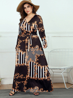 Robes Grande Taille Femmes Longues Imprimés à Col V avec Manches Longues Coupe Cintrée à Lacets Multicolores