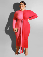 Robes Grande Taille Femmes Longues Moulantes à Col Rond avec Manches Longues Coupe Cintrée à Lacets Bicolores Robes Etés Sexy