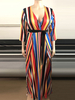 Robes Grande Taille Longue Imprimés Rayures à Col Décolleté en V avec Manches Longues Coupe Cintrée à Lacets Multicolores Robe Eté Sexy