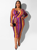 Robes Grande Taille Longue Moulante Femme Imprimés Rayures à Col Décolleté en V avec Manches Longues Coupe Cintrée à Lacets Multicolores Robes Etés Sexy