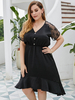 Robes Grandes Tailles Femmes Courtes en Mousselines à Col V avec Manches Courtes Transparentes Coupe Cintrée Bas Evasée Unicolore avec Boutons Robe Eté Sexy