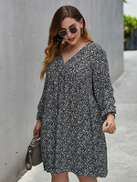 Robes Grandes Tailles Femmes Courtes Imprimés Décontractés à Col V avec Manches Longues Amples Bas Evasée Bicolores Robe Eté Sexy