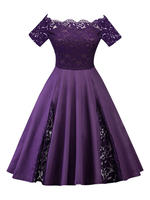 Robes Grandes Tailles Femmes Courtes Robes de Vintages en Dentelles à Col Carré avec Manches Courtes Coupe Cintrée Bas Evasée Cousu Bicolores Robes de Rétros