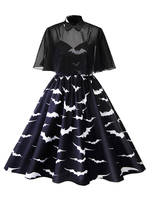 Robes Grandes Tailles Femmes Courtes Robes de Vintages en Dentelles à Col Montant avec Cape Imprimés Coupe Cintrée Bas Evasée Bicolores Robes de Rétros
