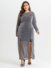 Robes Grandes Tailles Femmes Longues en Paillettes Transparentes à Col Rond avec Manches Longues Coupe Cintrée Fente Bicolores Sexy