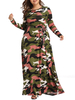 Robes Grandes Tailles Femmes Longues Imprimés Camouflage à Col Rond avec Manches Longues Coupe Cintrée à Lacets Bas Evasée
