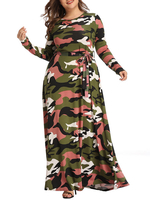 Robes Grandes Tailles Femmes Longues Imprimés Camouflage à Col Rond avec Manches Longues Coupe Cintrée à Lacets Bas Evasée