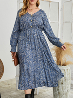 Robes Grandes Tailles Femmes Longues Imprimés Florales à Col V avec Manches Longues Amples Coupe Cintrée Elastqiue Bas Evasée Bicolores avec Boutons Robe Eté Sexy