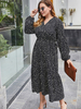 Robes Grandes Tailles Femmes Longues Imprimés Florales à Col V avec Manches Longues Amples Coupe Cintrée Elastqiue Bas Evasée Bicolores Robe Eté Sexy
