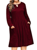 Robes Grandes Tailles Mi-longues Femmes à col Rond avec Manches Longues Coupe Cintrée Bas Evasée avec Poches Unicolore Robes Eté