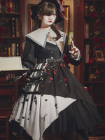 Robes Lolita Gothiques Détails Métalliques Imprimé Floral Noir Noir