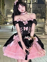 Robes Lolita gothiques élégantes à lacets et nœuds couleur noir rose Lolita JSK