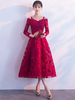 Robes Longue de Bal Robe de Graduation en Dentelle Bourgogne Manches Longues Robe de Cocktail Robe de soirée