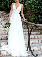 Robes longues blanches en dentelle bretelles cou sans manches dos nu longueur de plancher robe de soirée