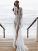 Robes Longues Blanches en Mousselines Imprimés à Col Décolleté en V avec Manches Longues Volantes Coupe Cintrée avec Traîne Transparentes Combinaisons Eté Sexy