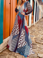 Robes Longues Bohème Femmes Imprimé Les Motifs Multicolours à Col V avec Manches Longues Coupe Cintrée Elastique