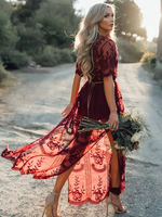 Robes Longues Bohème Transparentes Creusantes à Col V avec Manches Courtes Coupe Cintrée avec Ceinture en Métal Unicolore Fente Latérale Sexy Sans Doublure