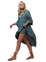 Robes Longues Bohèmes Imprimés Femmes à Col Décolleté en V avec Manches Mi-longues Multicolores Robes Longues Maxi Décontractées