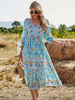 Robes Longues Bohèmes Imprimés Femmes à Col V avec Manches Mi-longues Coupe Cintrée Bas Evasée Multicolores