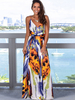 Robes Longues Bohèmes Imprimés Femmes avec Bretelles à Col Décolleté V Coupe Cintrée Fente Latérale Multicolores Robes Longues Etés Sexy