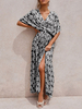 Robes Longues Bohèmes Imprimés Femmes Sexy Etés à Col V avec Manches Courtes Volantes Coupe Cintrée Fente Latérale Bicolores