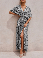 Robes Longues Bohèmes Imprimés Femmes Sexy Etés à Col V avec Manches Courtes Volantes Coupe Cintrée Fente Latérale Bicolores