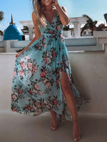 Robes Longues Bohèmes Imprimés robe fleurie Etés Femmes avec Bretelles à Col Décolleté en V Fente Latérale Multicolores Robes Etés Sexy